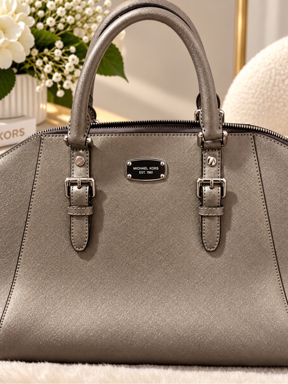 Michael Kors Metallic Pewter Saffiano Satchel